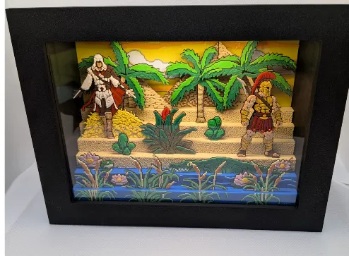 Diorama Assassin's Creed pixel art rétro — cadre collector geek artisanal oasis