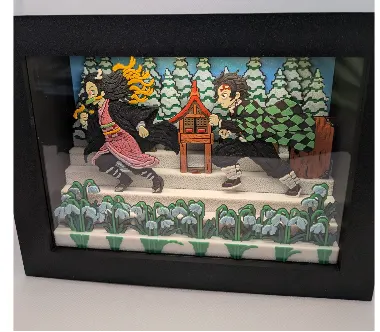 Diorama Demon Slayer pixel art — création miniature geek artisanale forêt enneigée